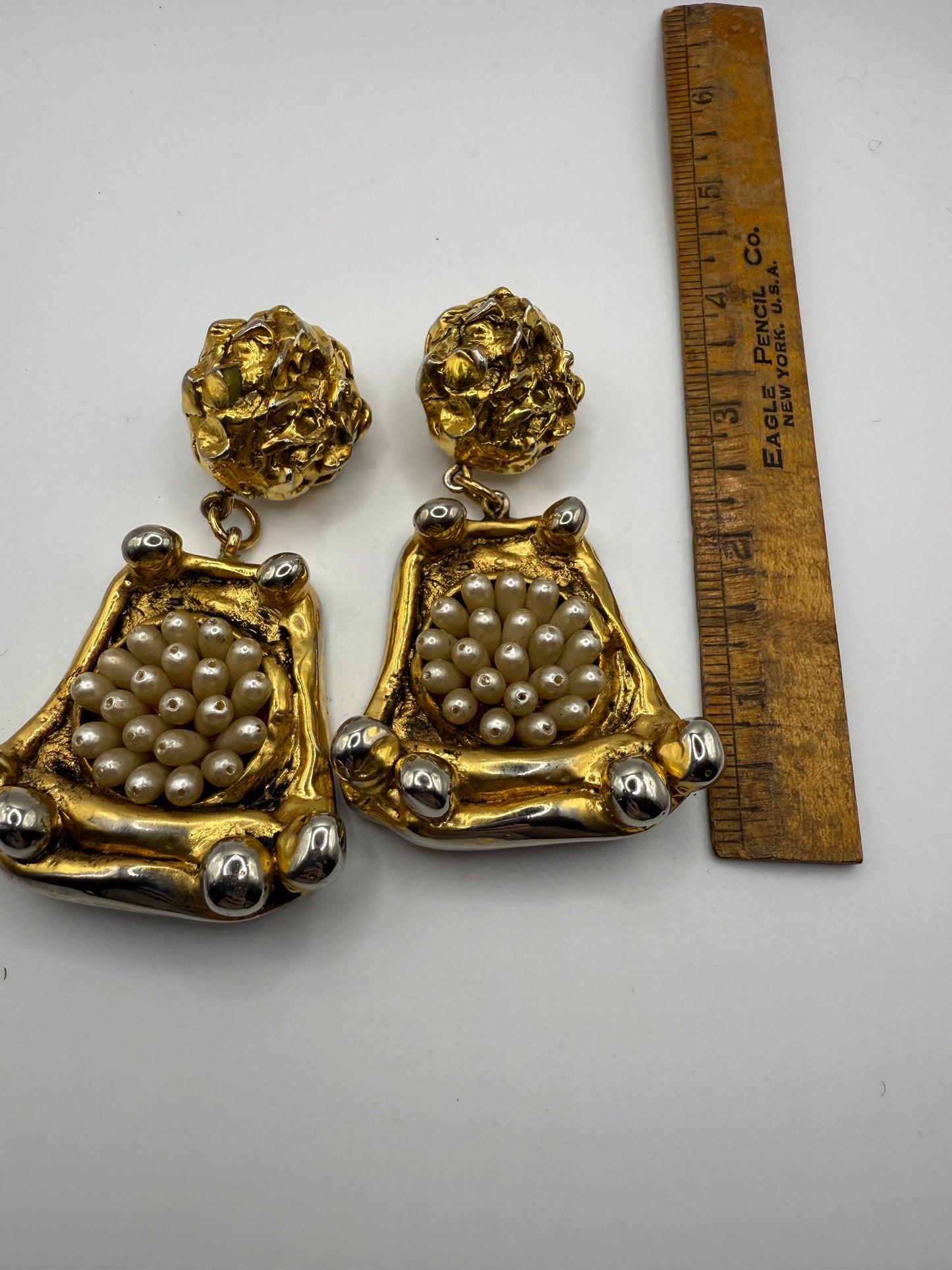 Vintage Massive French Rococo Chunky Gold Pearl Chandelier Earrings