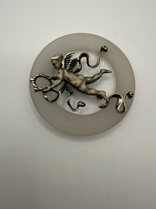 Vintage Sterling Silver Cherub Moon Brooch