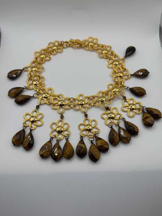 Vintage Robert Sorrell Floral Tiger's Eye Collar Necklace