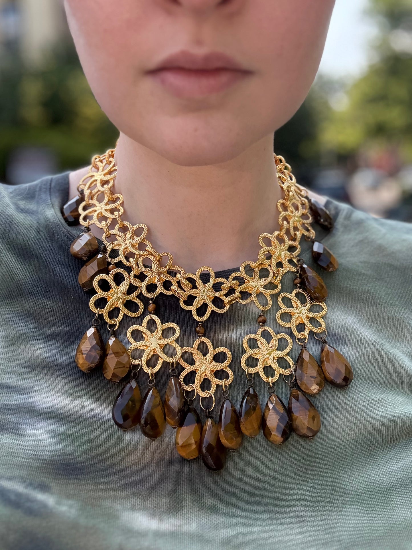 Vintage Robert Sorrell Floral Tiger's Eye Collar Necklace