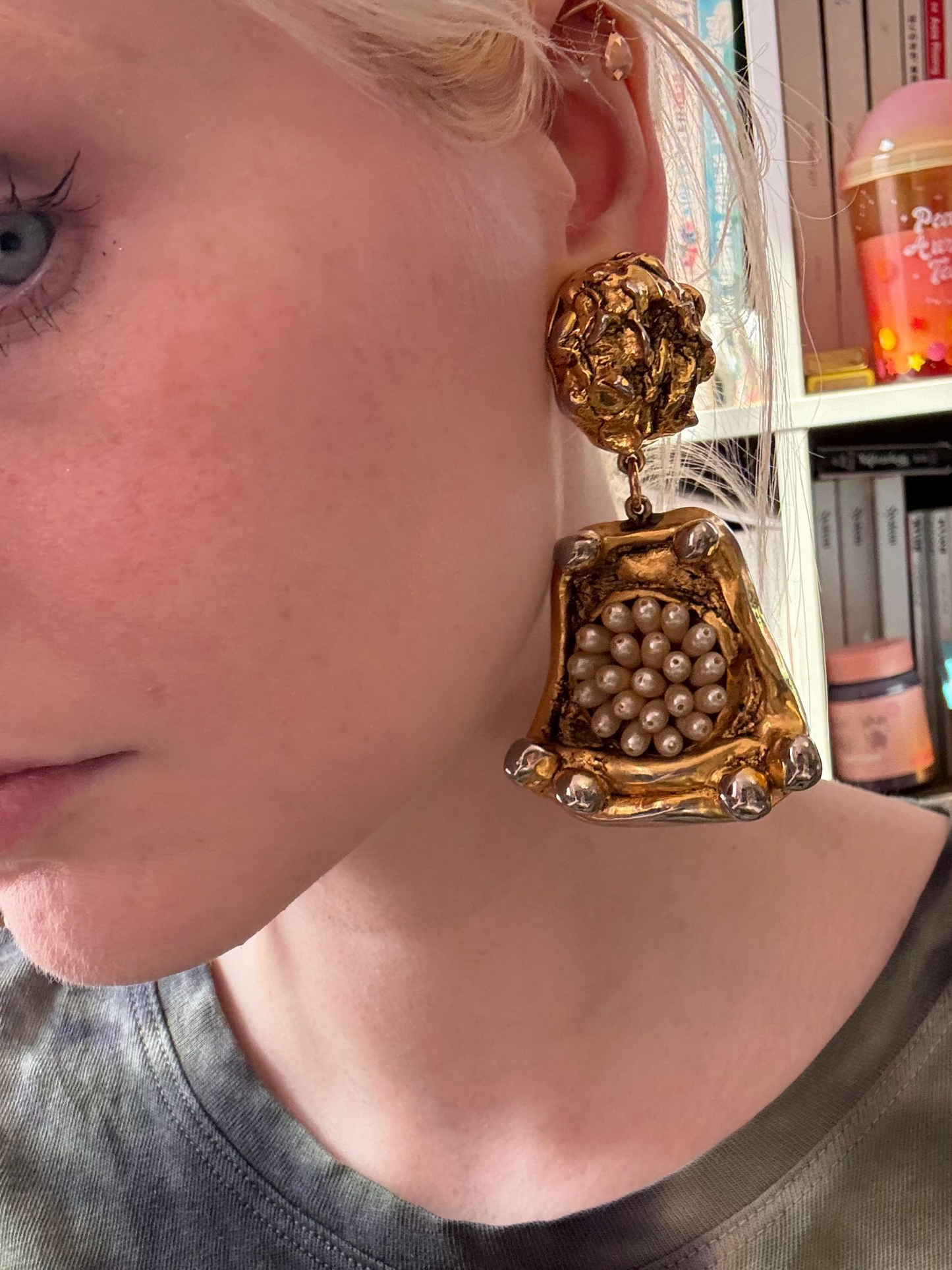Vintage Massive French Rococo Chunky Gold Pearl Chandelier Earrings