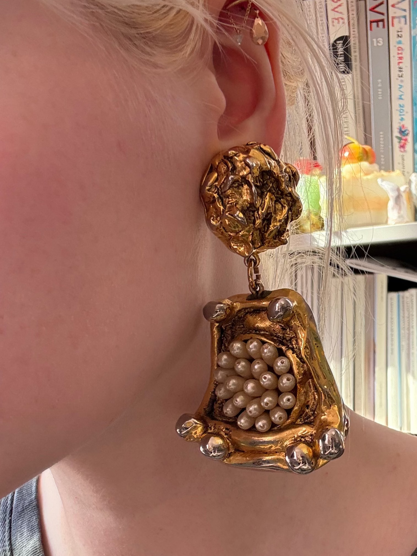 Vintage Massive French Rococo Chunky Gold Pearl Chandelier Earrings