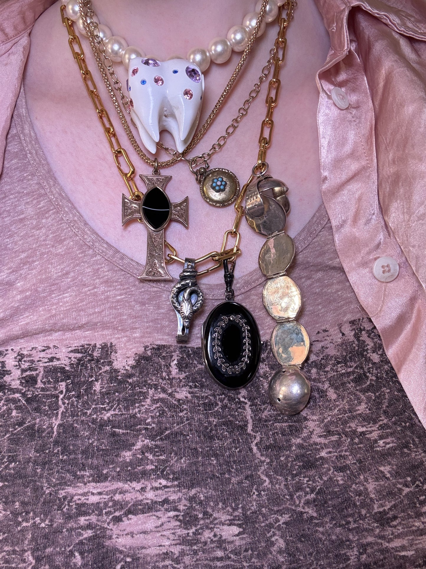 RARE Large Antique 9K Solid Gold Victorian Banded Agate Locket Cross Pendant