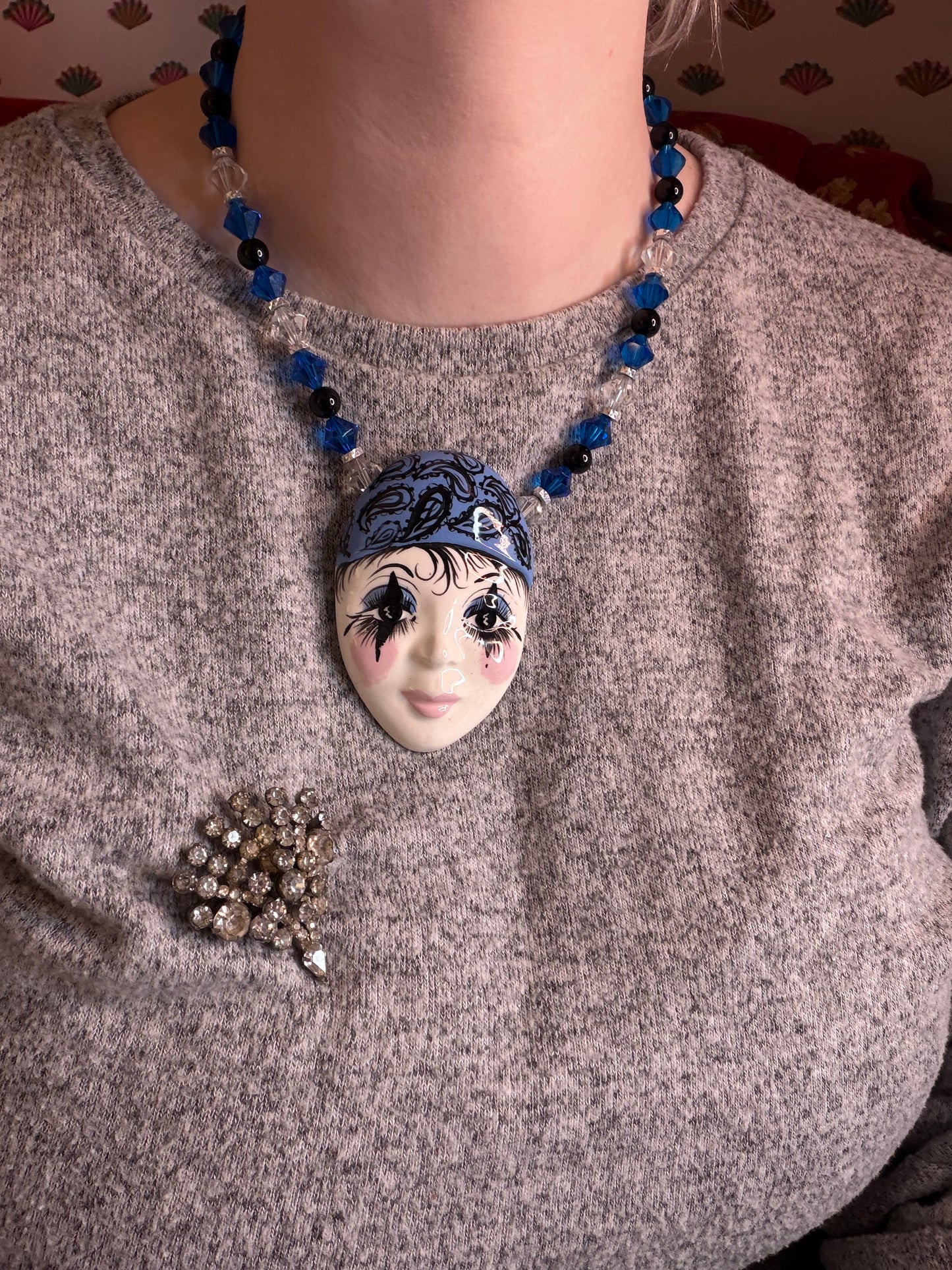 Vintage Chunky Whimsical Porcelain Pierrot Necklace