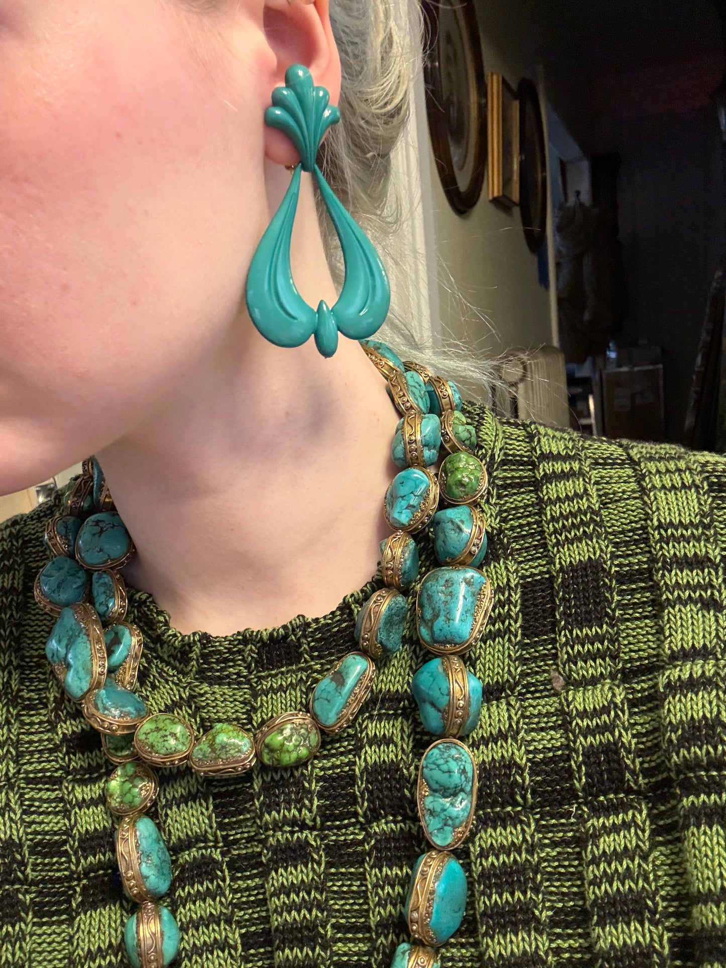Vintage Huge Rococo Teal Clip On Earrings