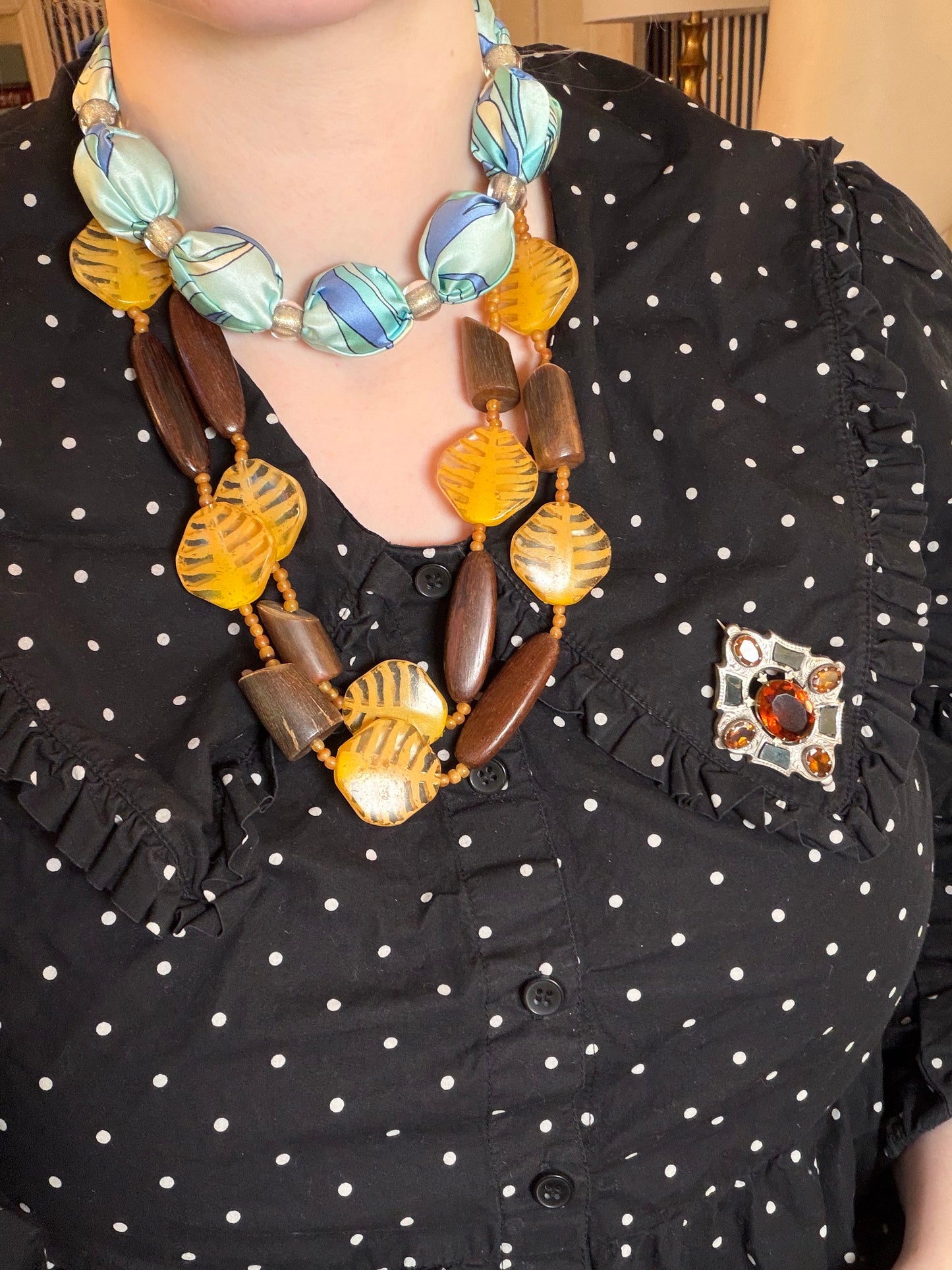 Vintage Unique Yellow Leaf and Sculptural Wood Necklace