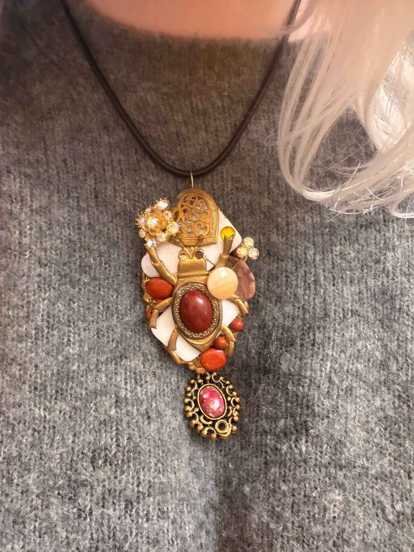 Vintage Sarah Jane Carnelian Scarab Statement Pendant Brooch