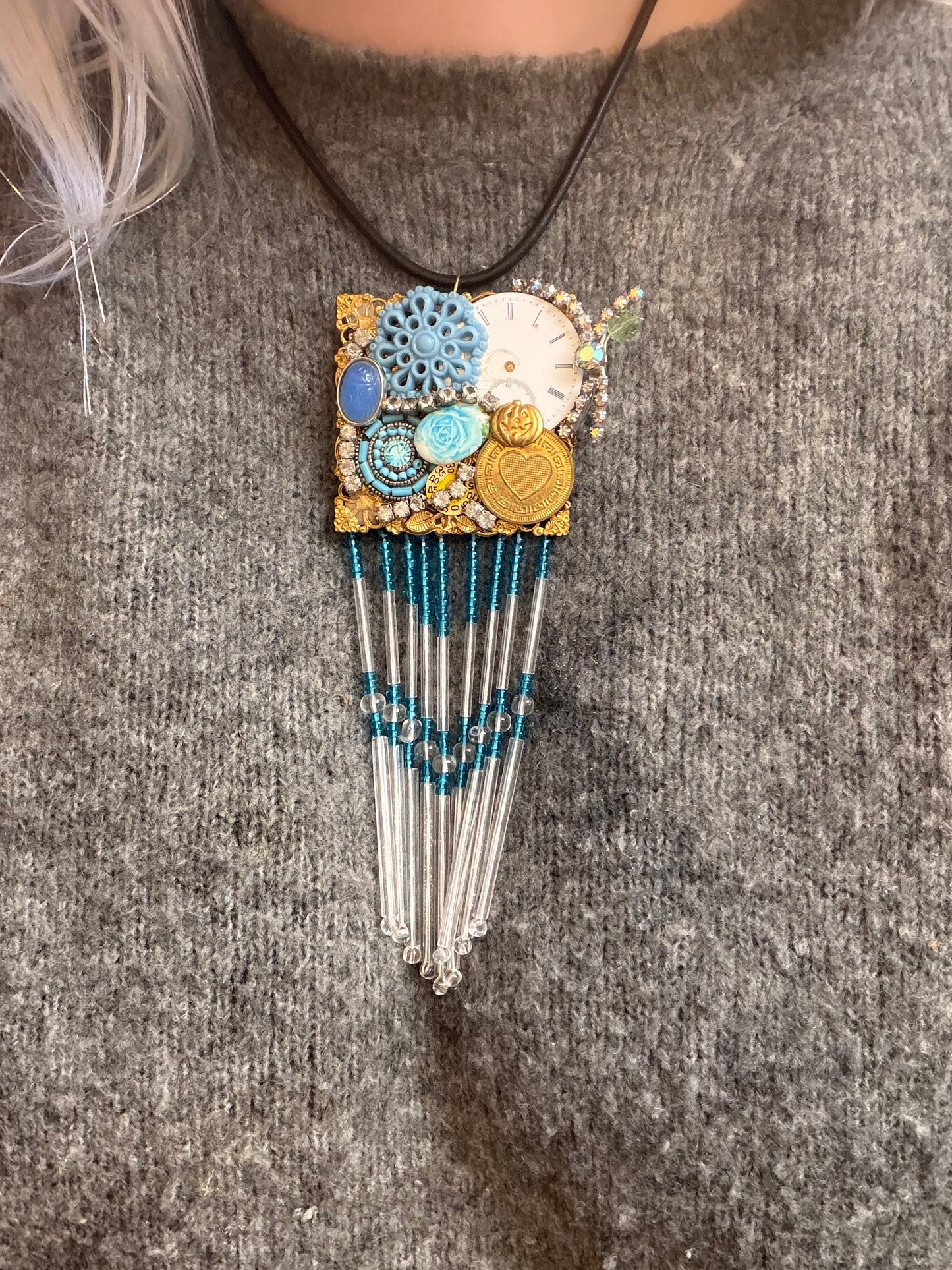 Vintage Sarah Jane Glass Fringe Clock Locket Pendant