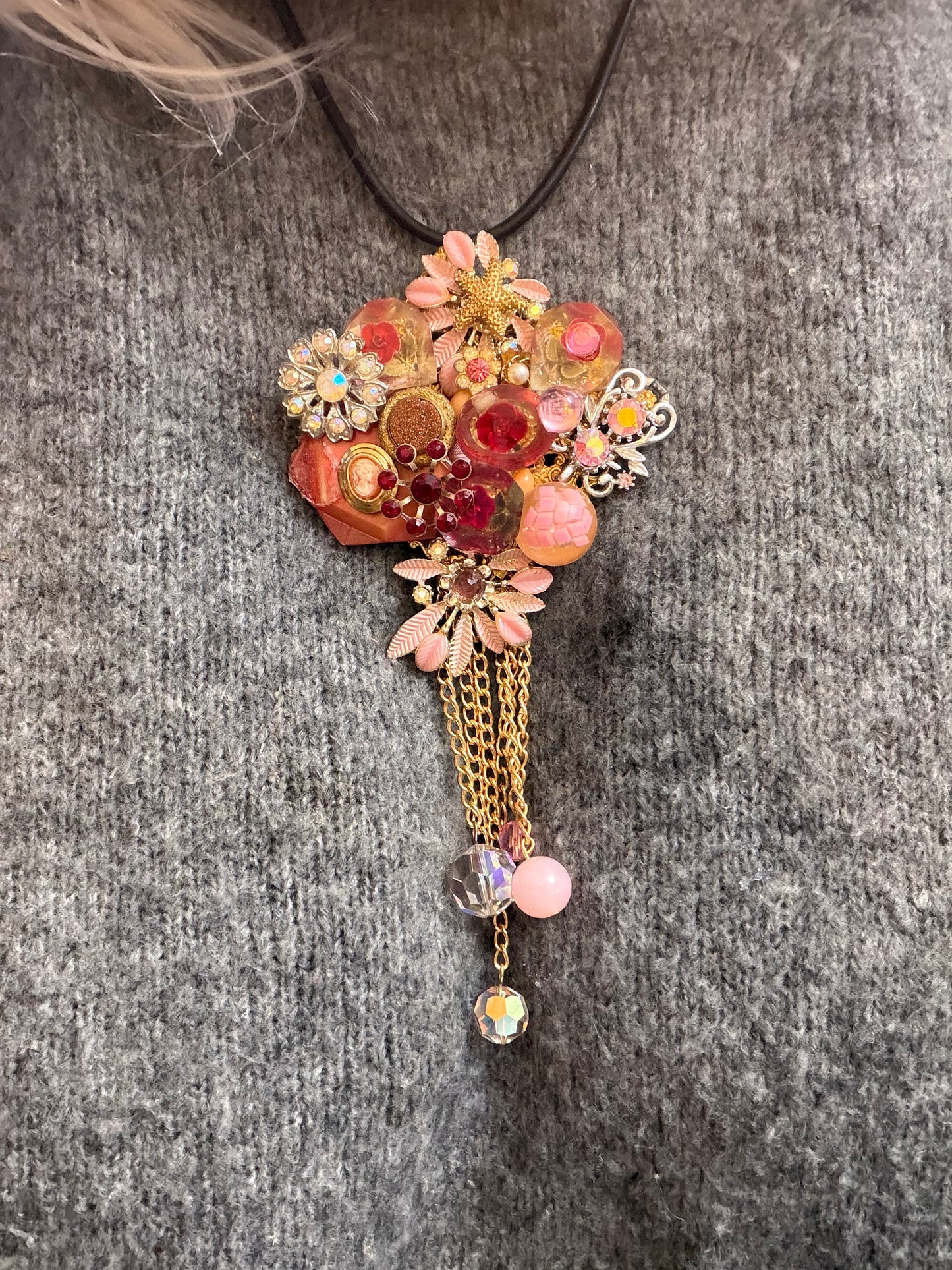 Vintage Sarah Jane Pink Rhinestone & Cameo Flower Statement Pendant