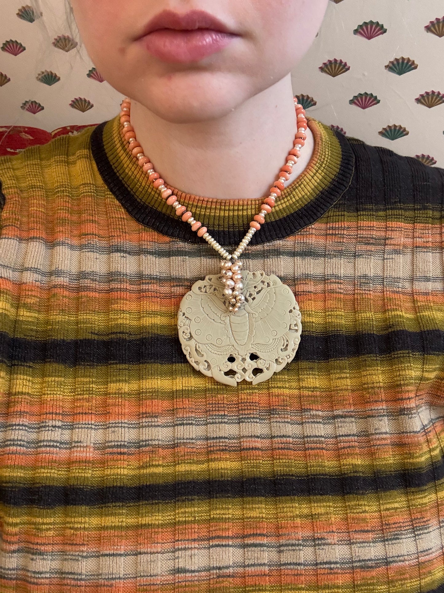 Vintage Coral Pearl Moth Princess Necklace