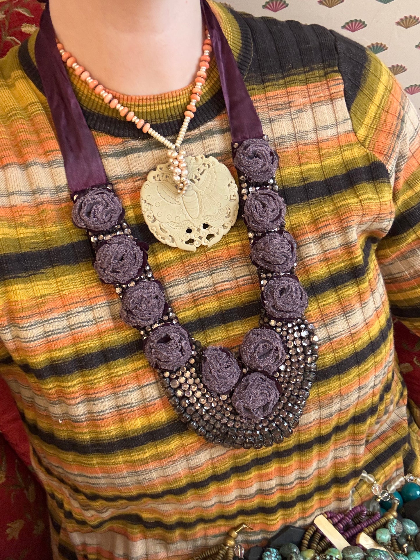Vintage Lilac Rosette Rhinestone Sequin Bib Statement Necklace