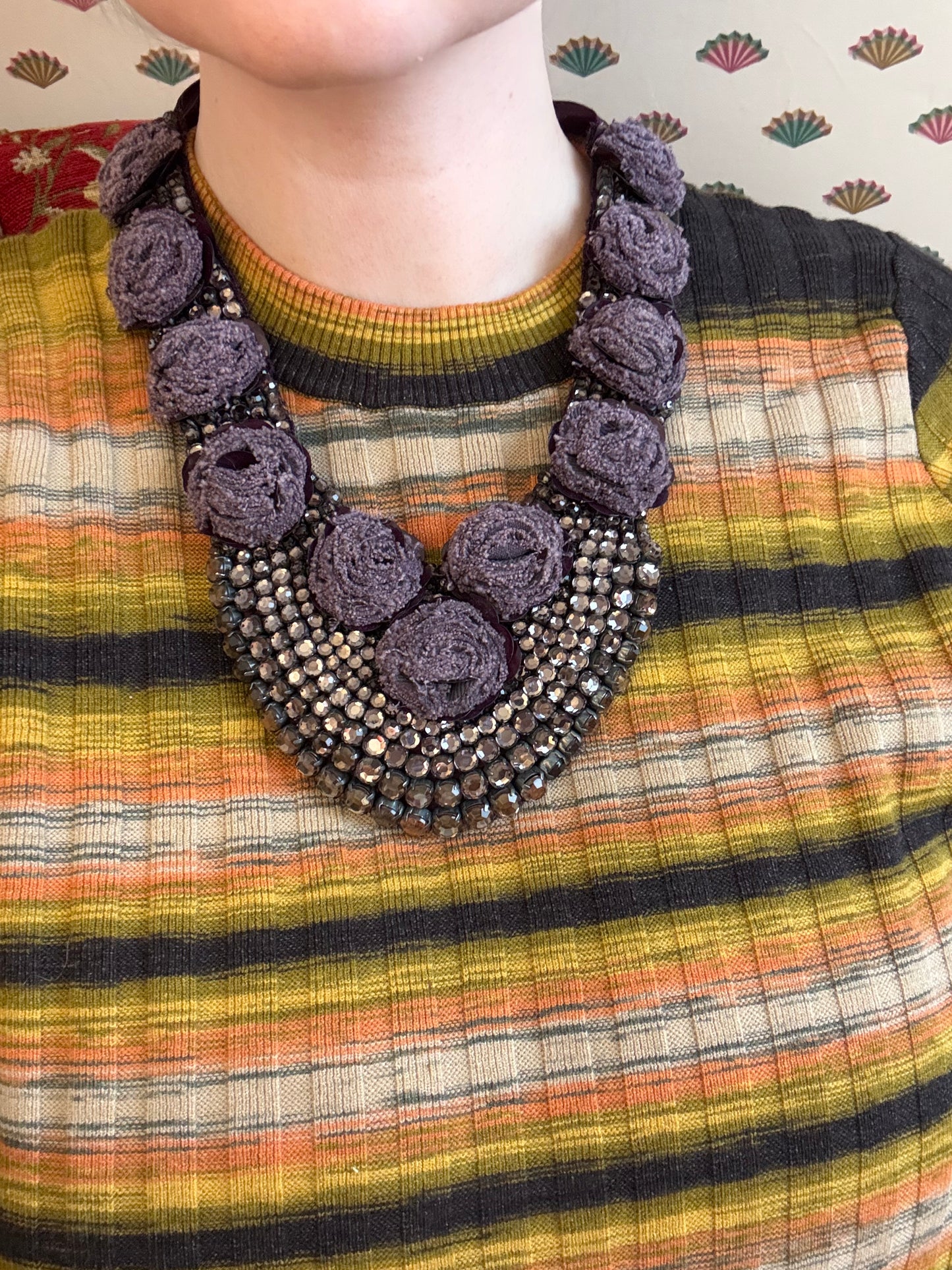 Vintage Lilac Rosette Rhinestone Sequin Bib Statement Necklace