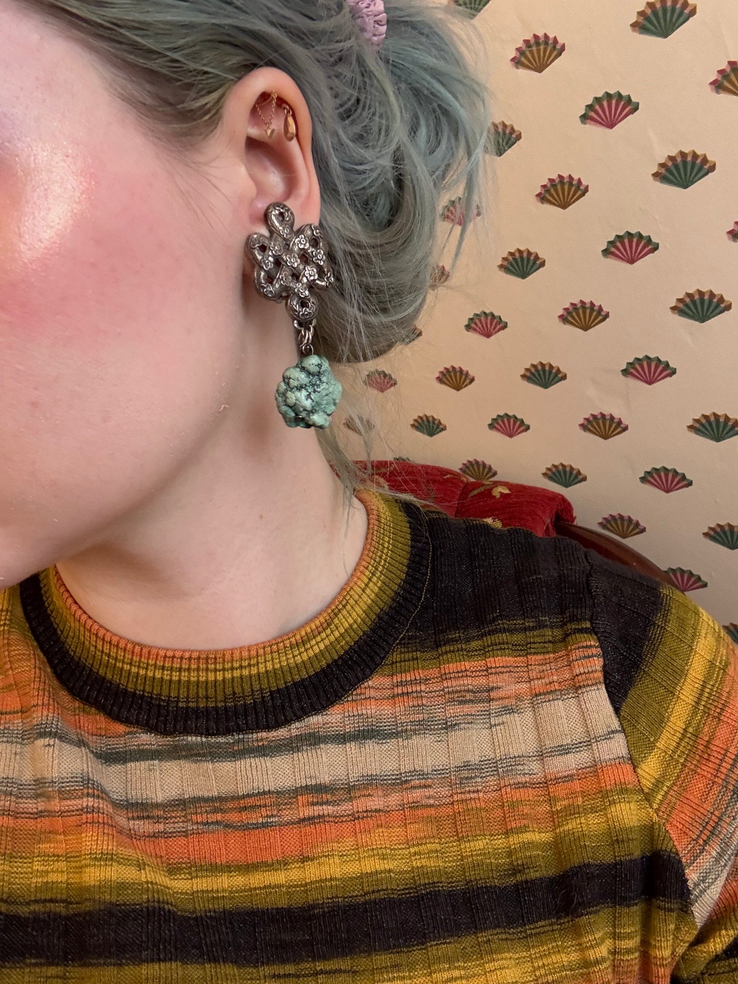Vintage Stephen Dweck Sterling Silver Turquoise Drop Clip On Earrings