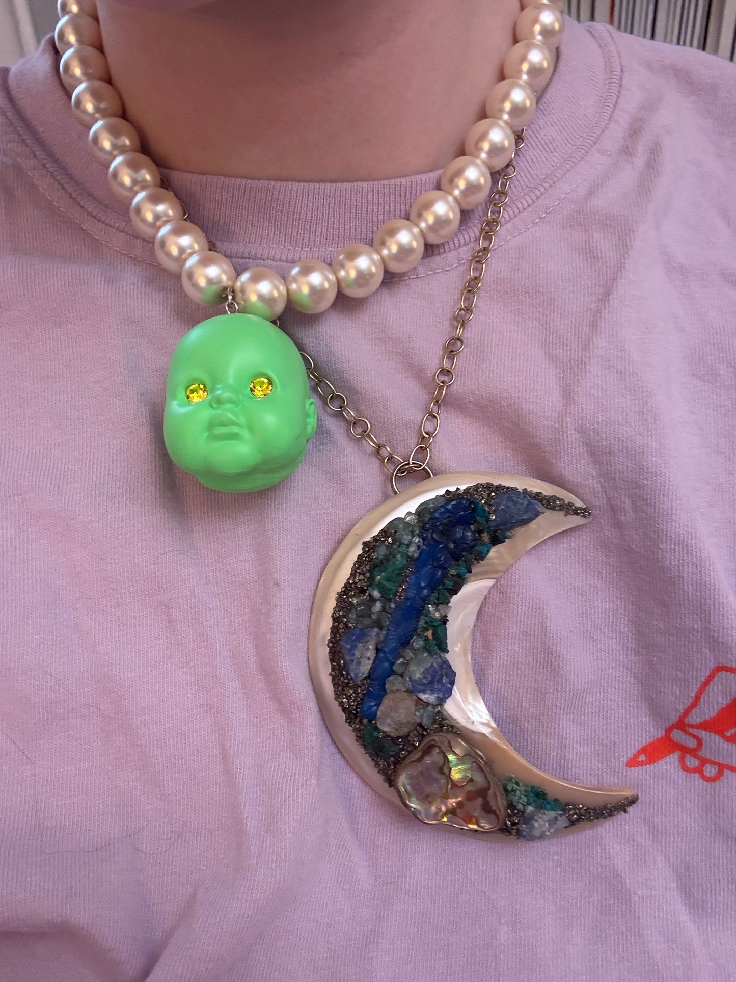 One-of-a-Kind Huge Mother of Pearl Gemstone Crescent Moon Pendant Brooch