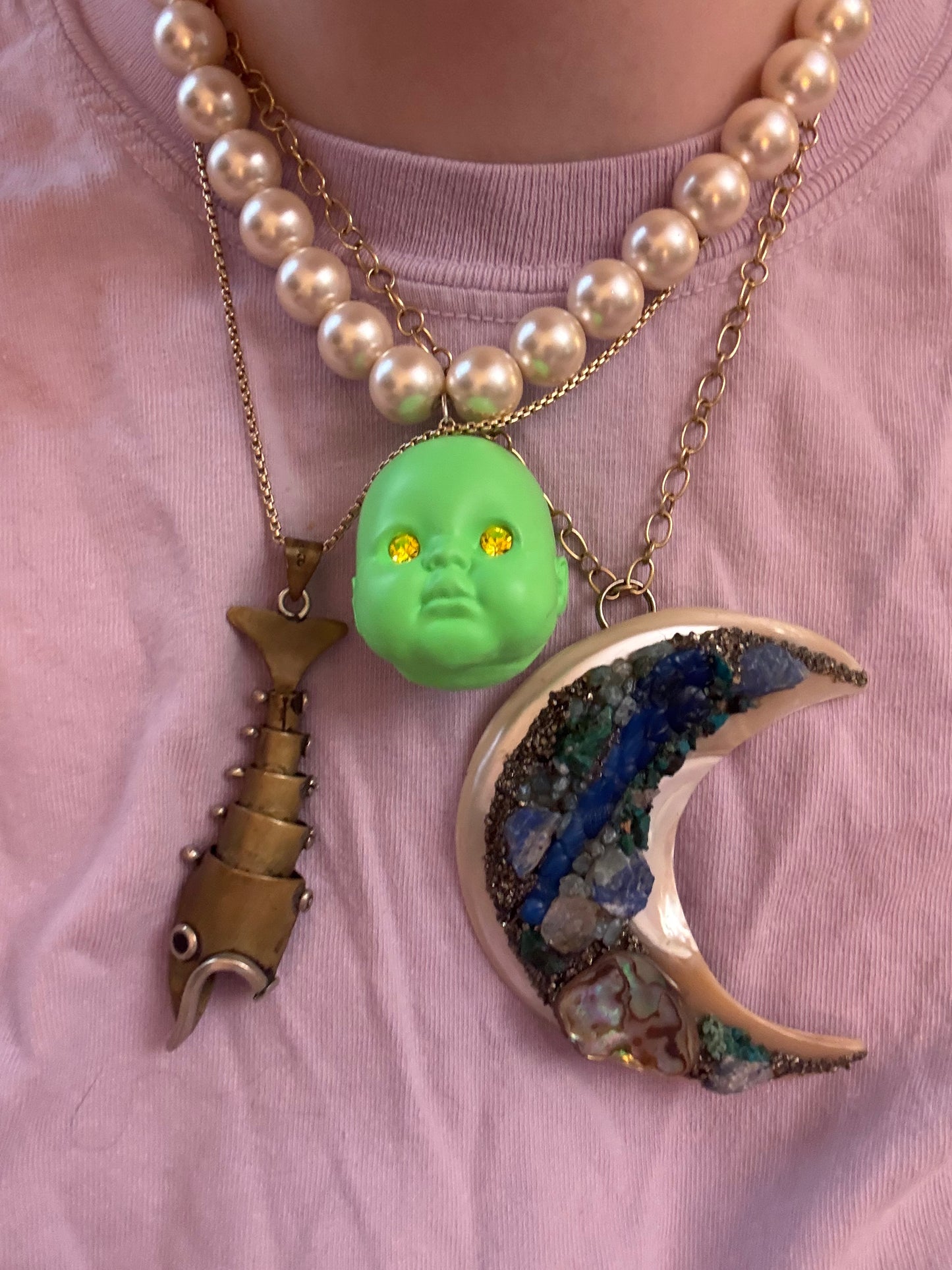 One-of-a-Kind Huge Mother of Pearl Gemstone Crescent Moon Pendant Brooch