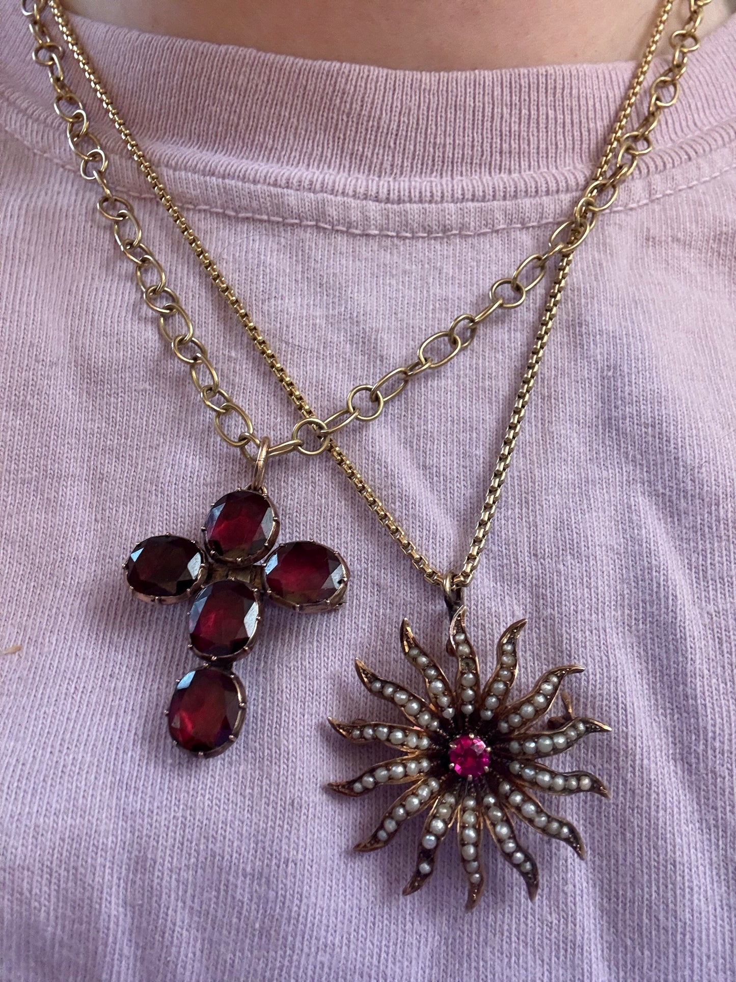 Antique 10K Gold Victorian Pearl & Ruby Sunburst Charm Brooch