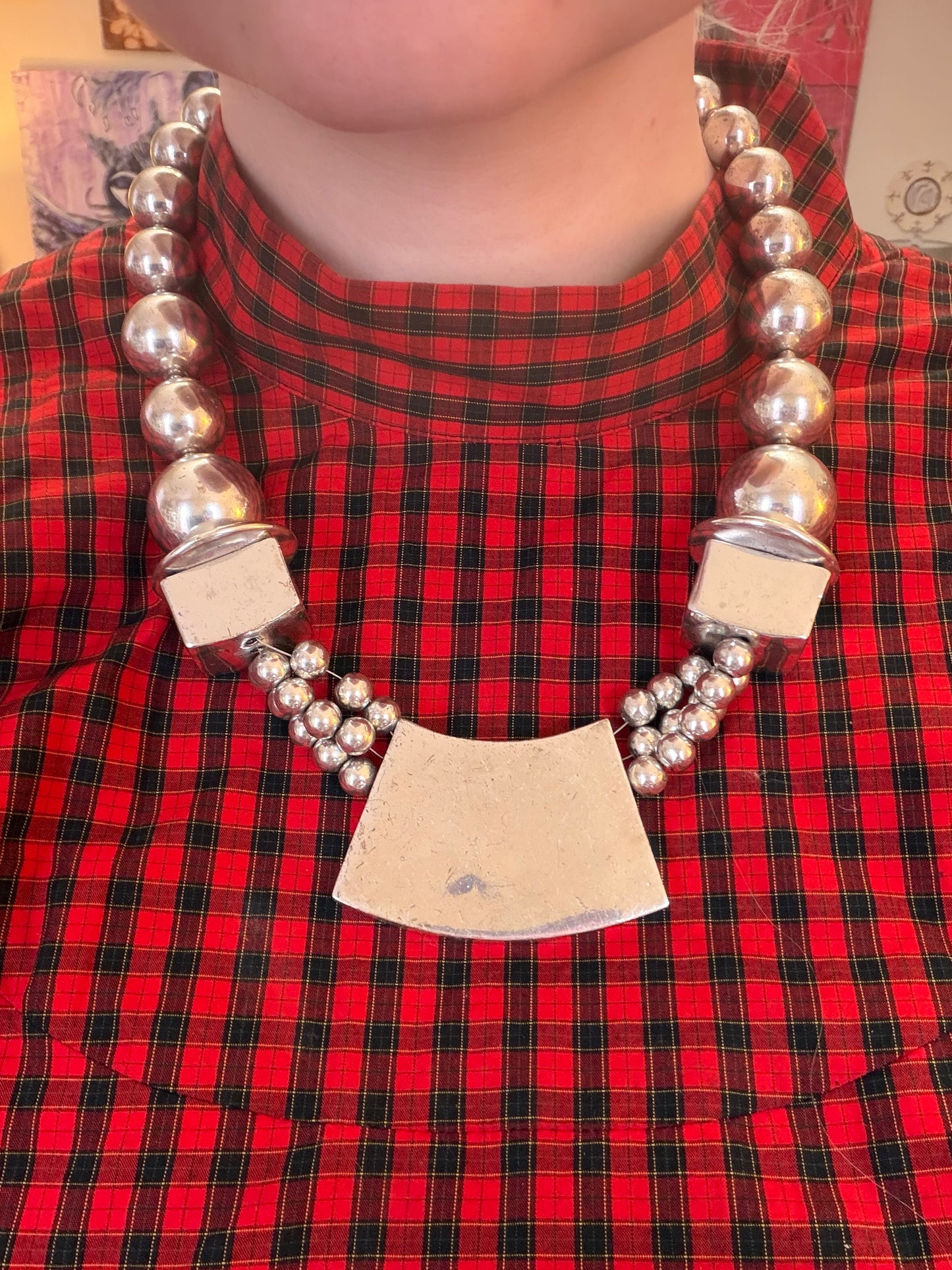 Vintage French Modernist Chunky Silver Geometric Necklace