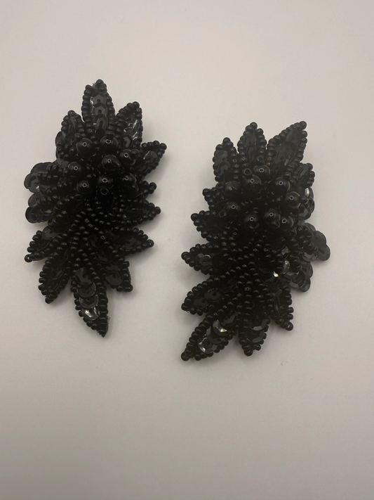 Vintage Midnight Black Beaded Leaf Earrings