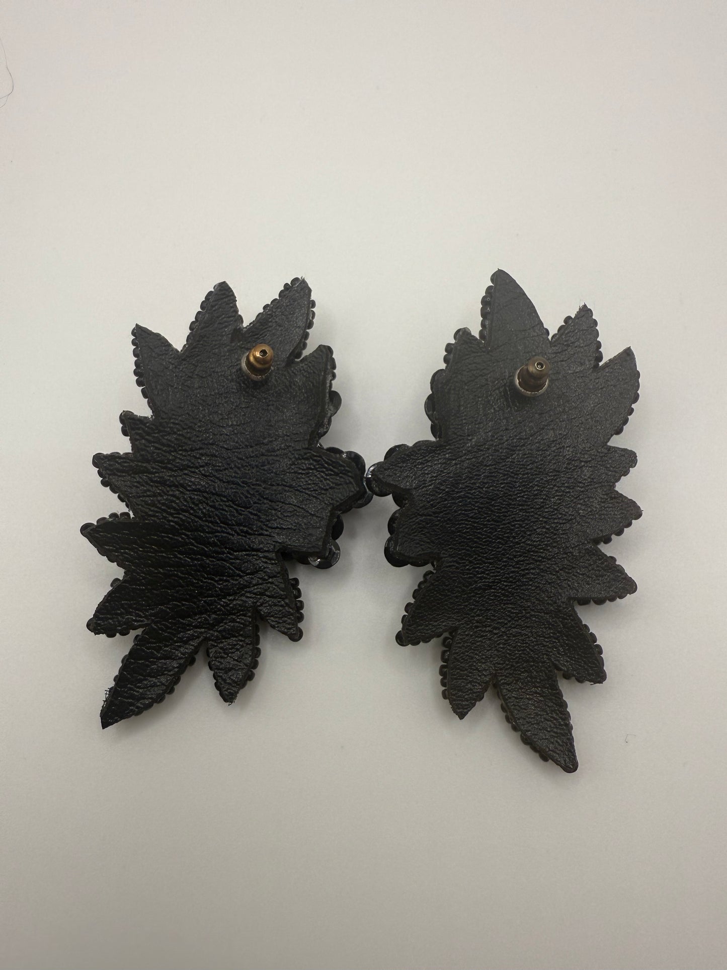 Vintage Midnight Black Beaded Leaf Earrings