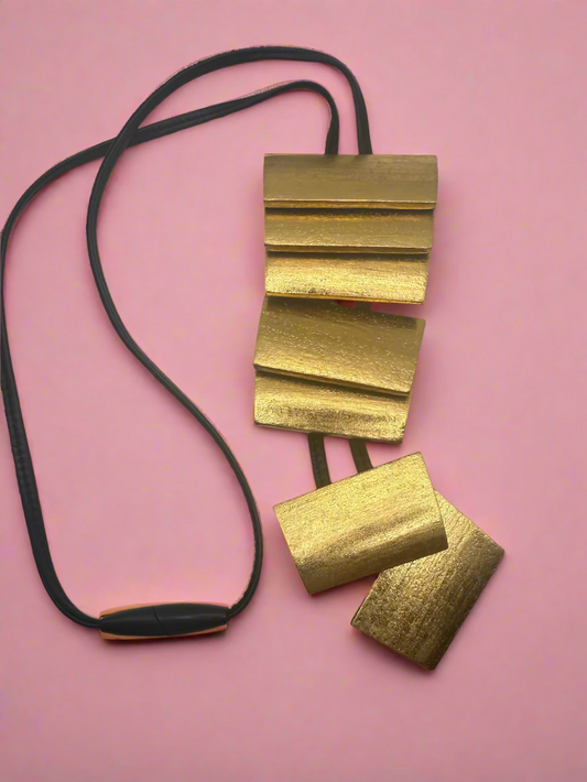 Vintage Monumental Monies Golden Geometric Wood Necklace