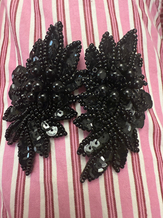 Vintage Midnight Black Beaded Leaf Earrings