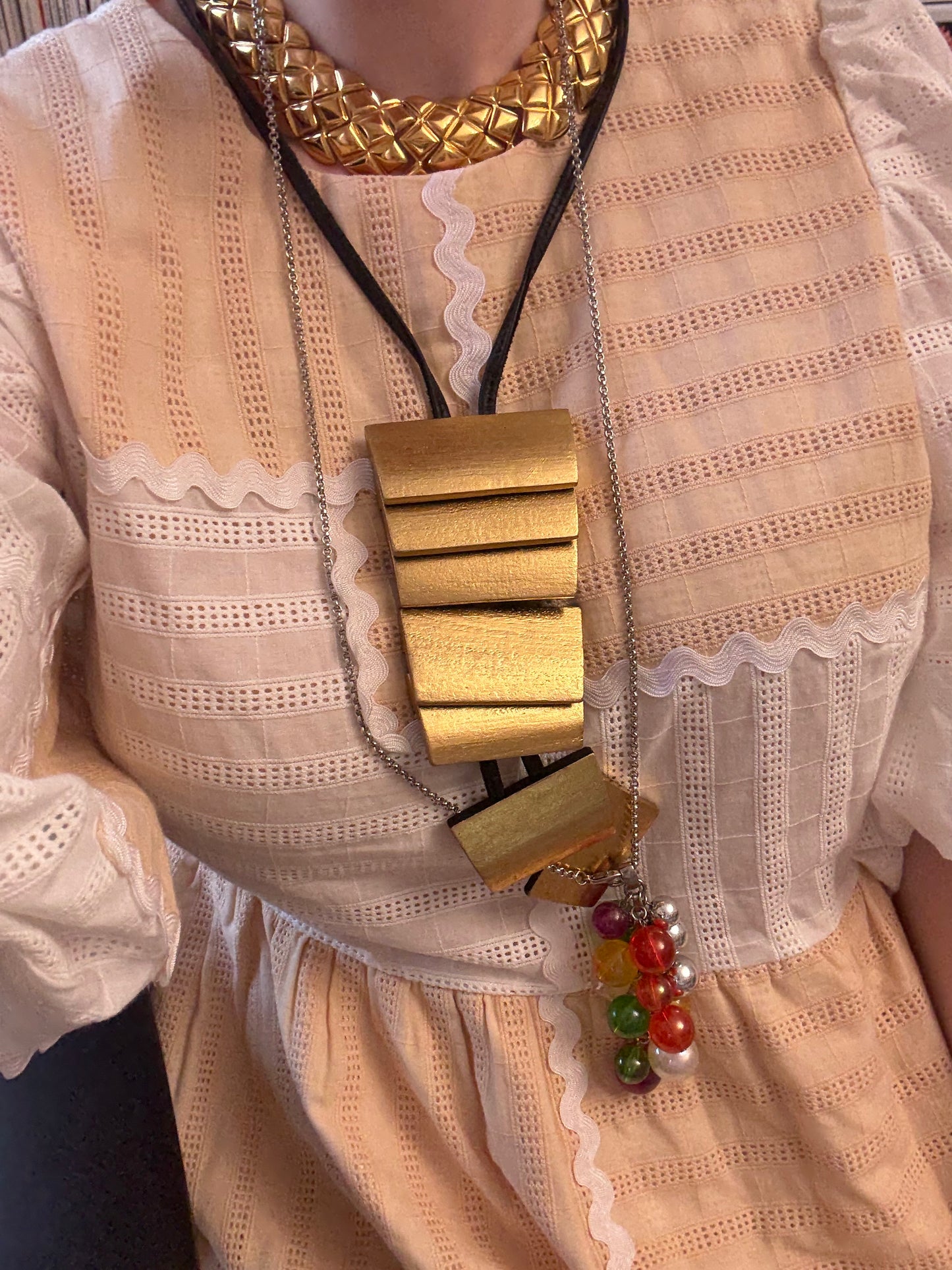 Vintage Monumental Monies Golden Geometric Wood Necklace