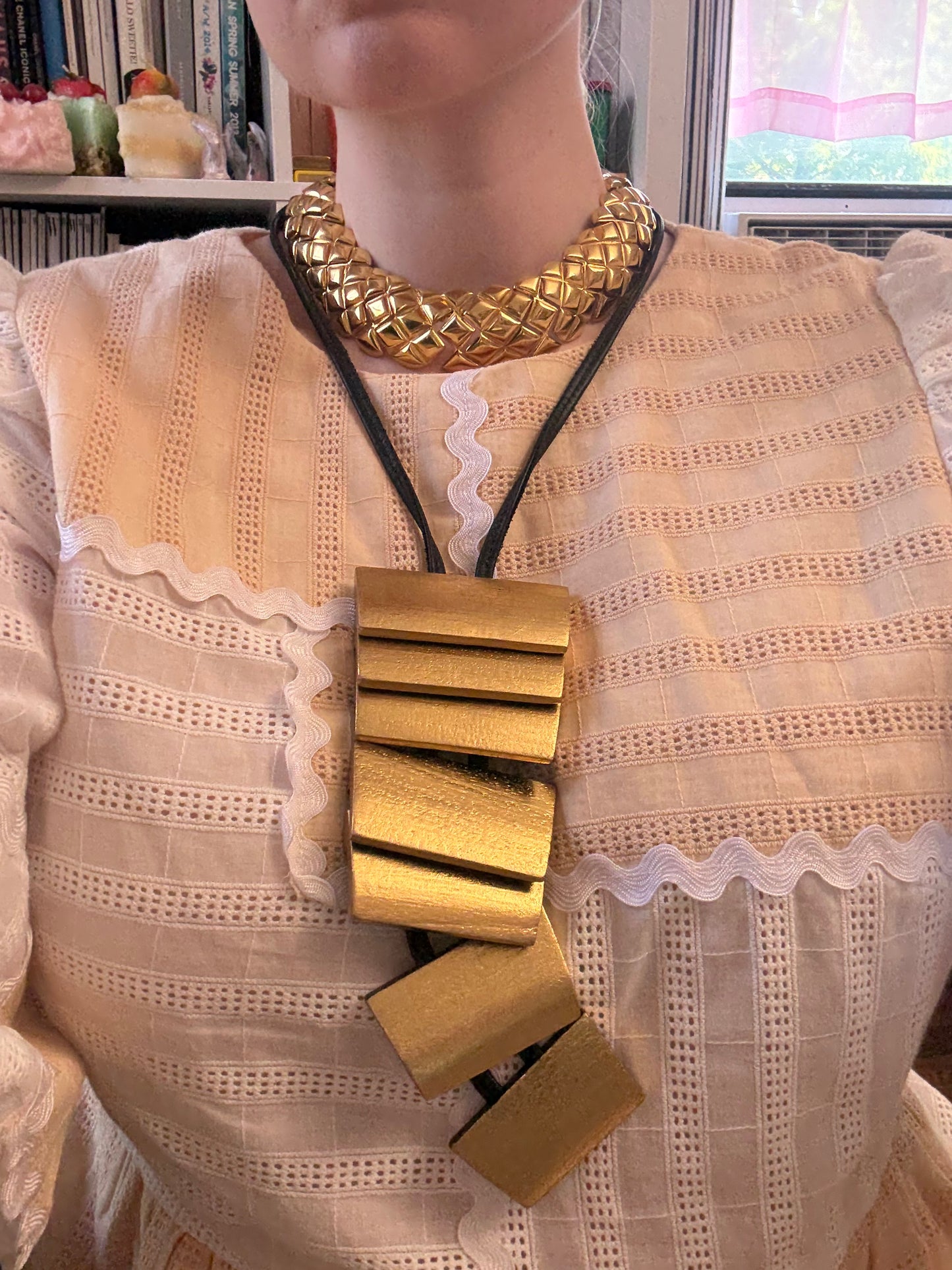 Vintage Monumental Monies Golden Geometric Wood Necklace