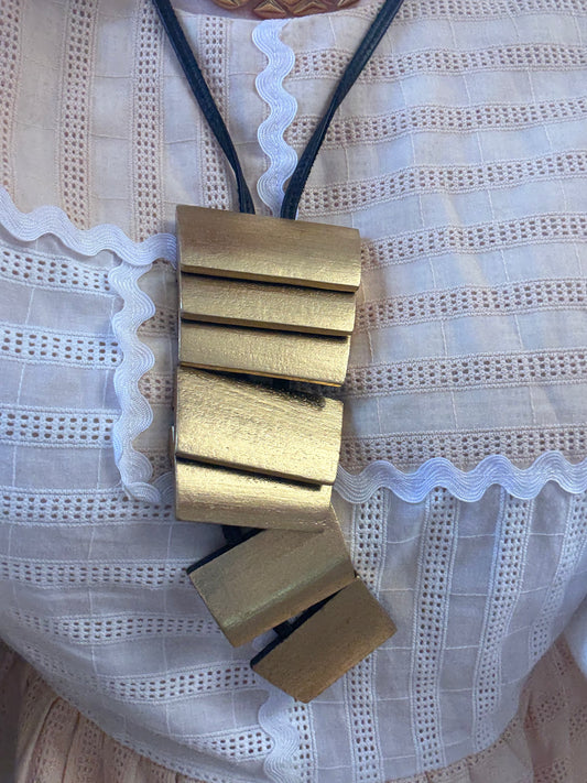 Vintage Monumental Monies Golden Geometric Wood Necklace