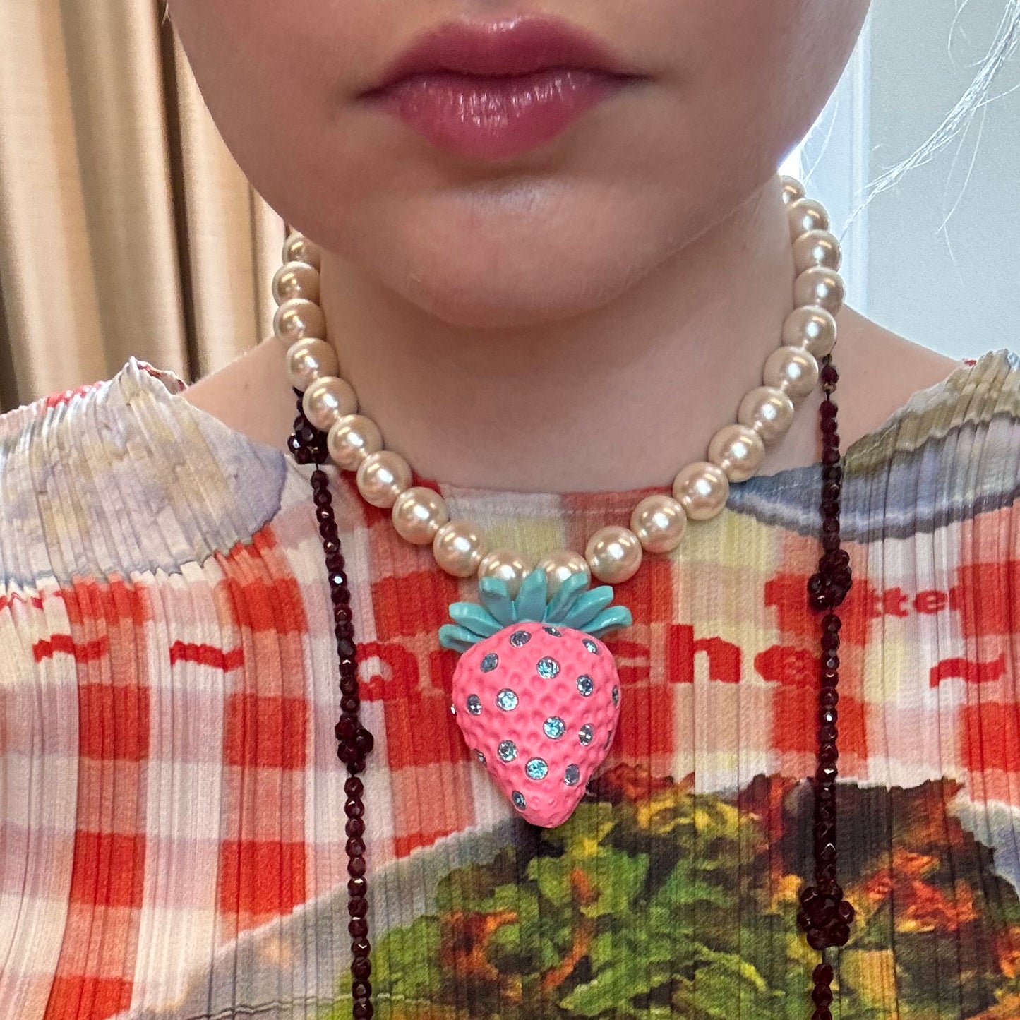 Bubble Gum Strawberry Pearl Necklace