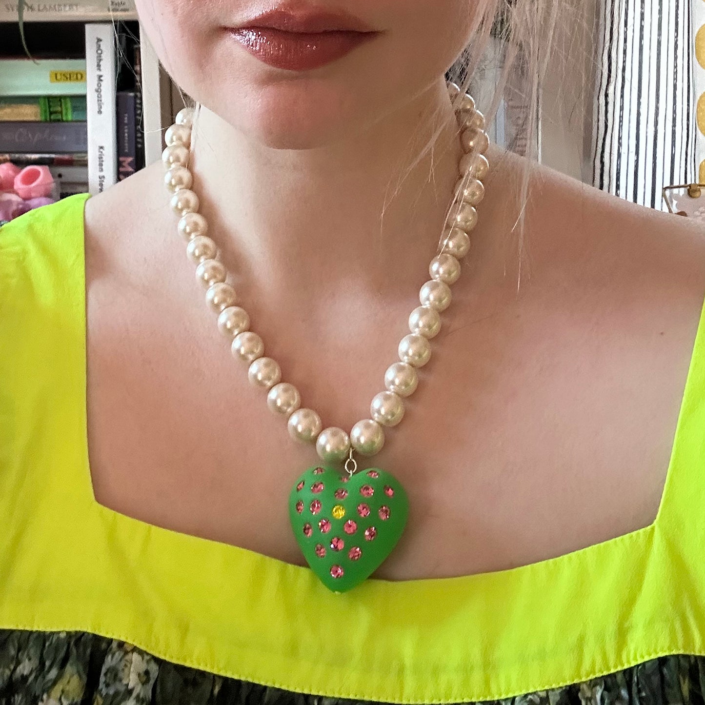 Watermelon Heart Puff Pearl Necklace