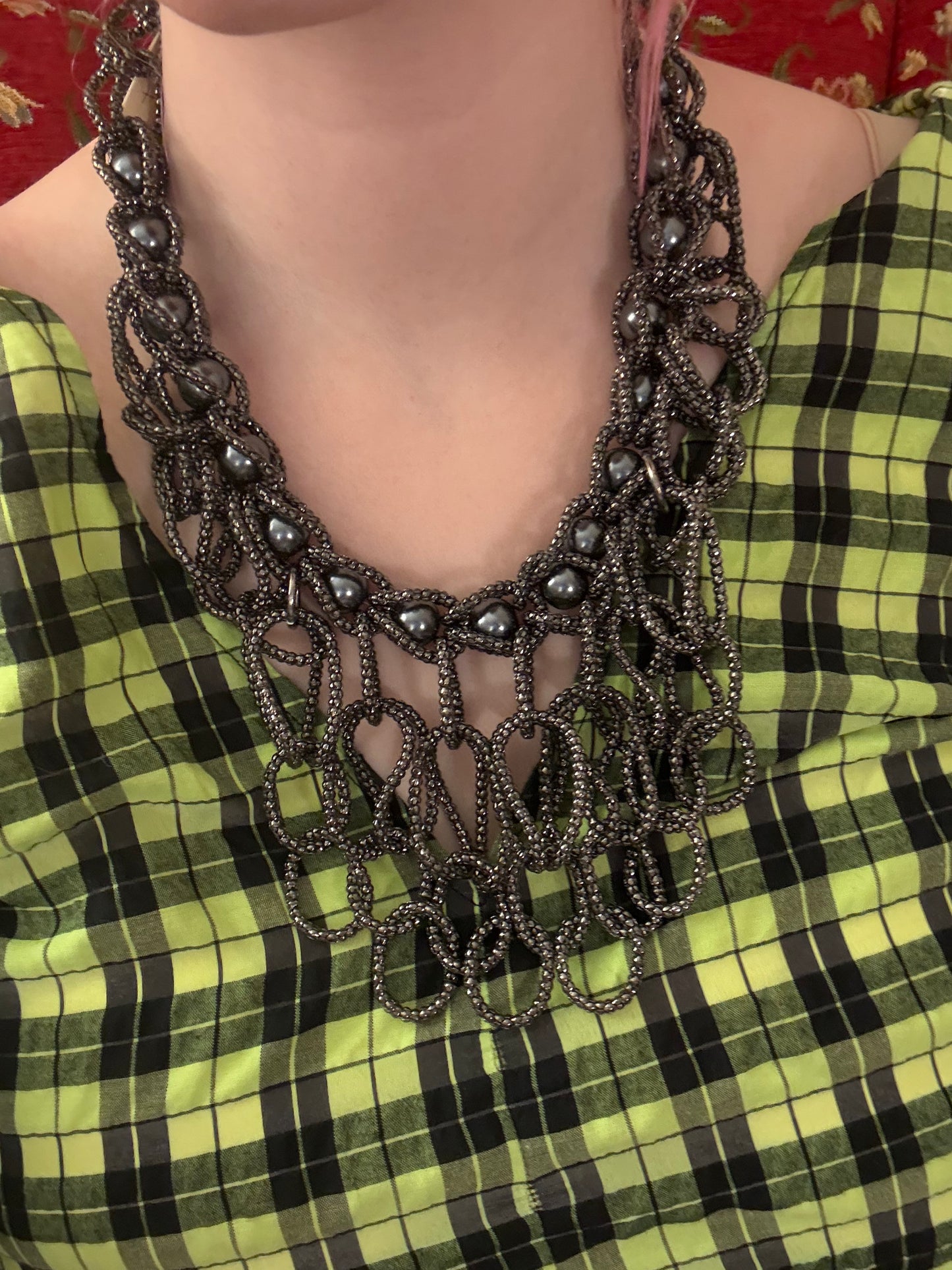 Vintage Gray Pearl Beaded Fringe Collar Necklace