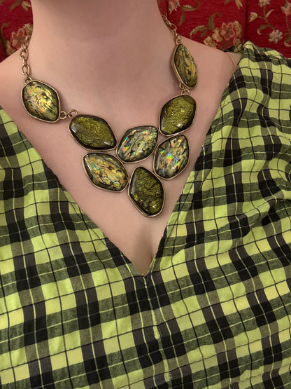 Vintage Chunky Green Metallic Rainbow Collar Necklace