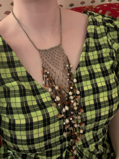 Vintage Woven Shell & Rose Quartz Fringe Statement Necklace