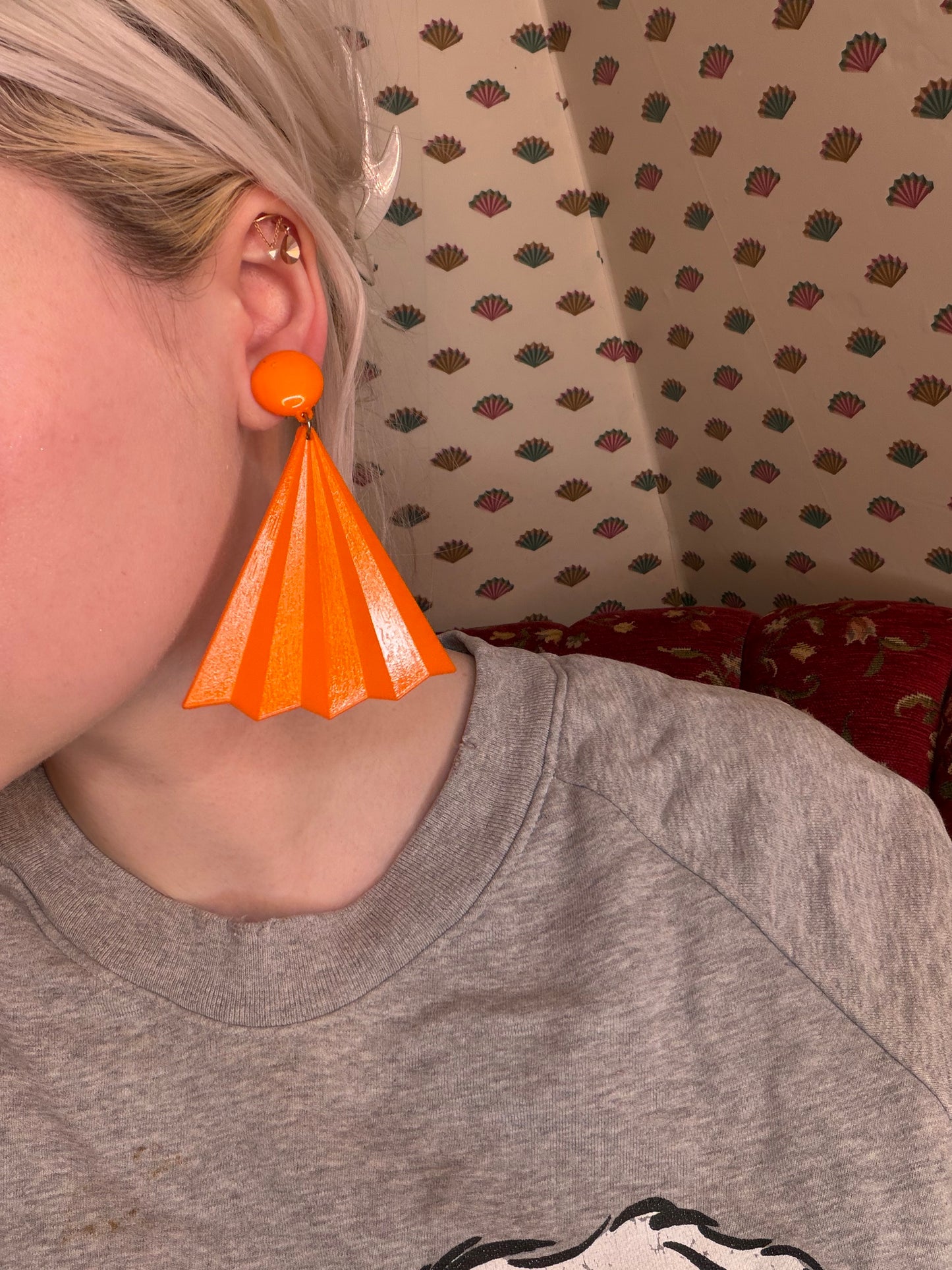 Vintage Tangerine Huge Fan Clip On Earrings