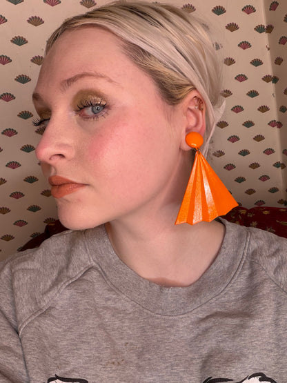 Vintage Tangerine Huge Fan Clip On Earrings