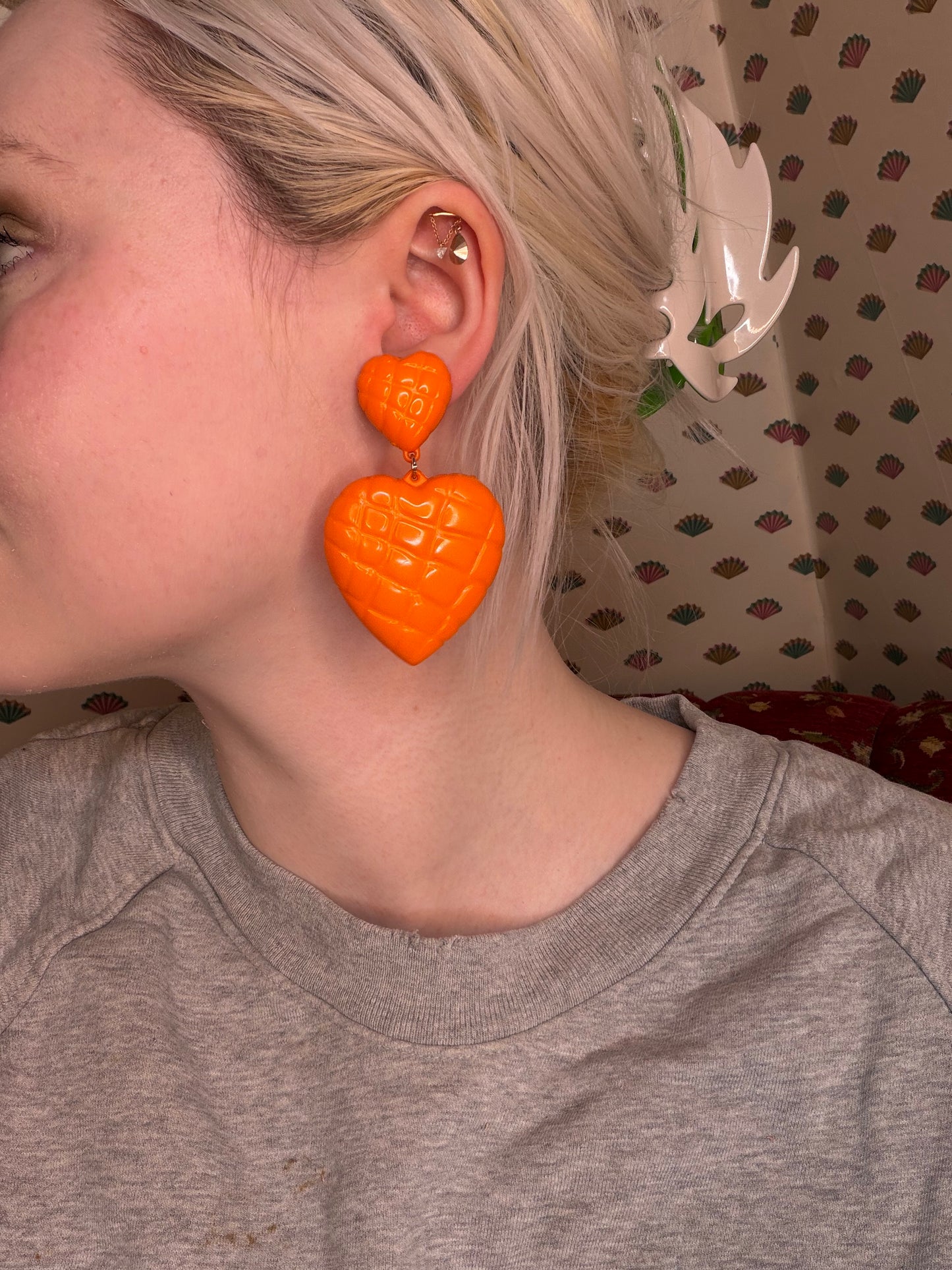 Vintage Tangerine Quilted Heart Clip On Earrings