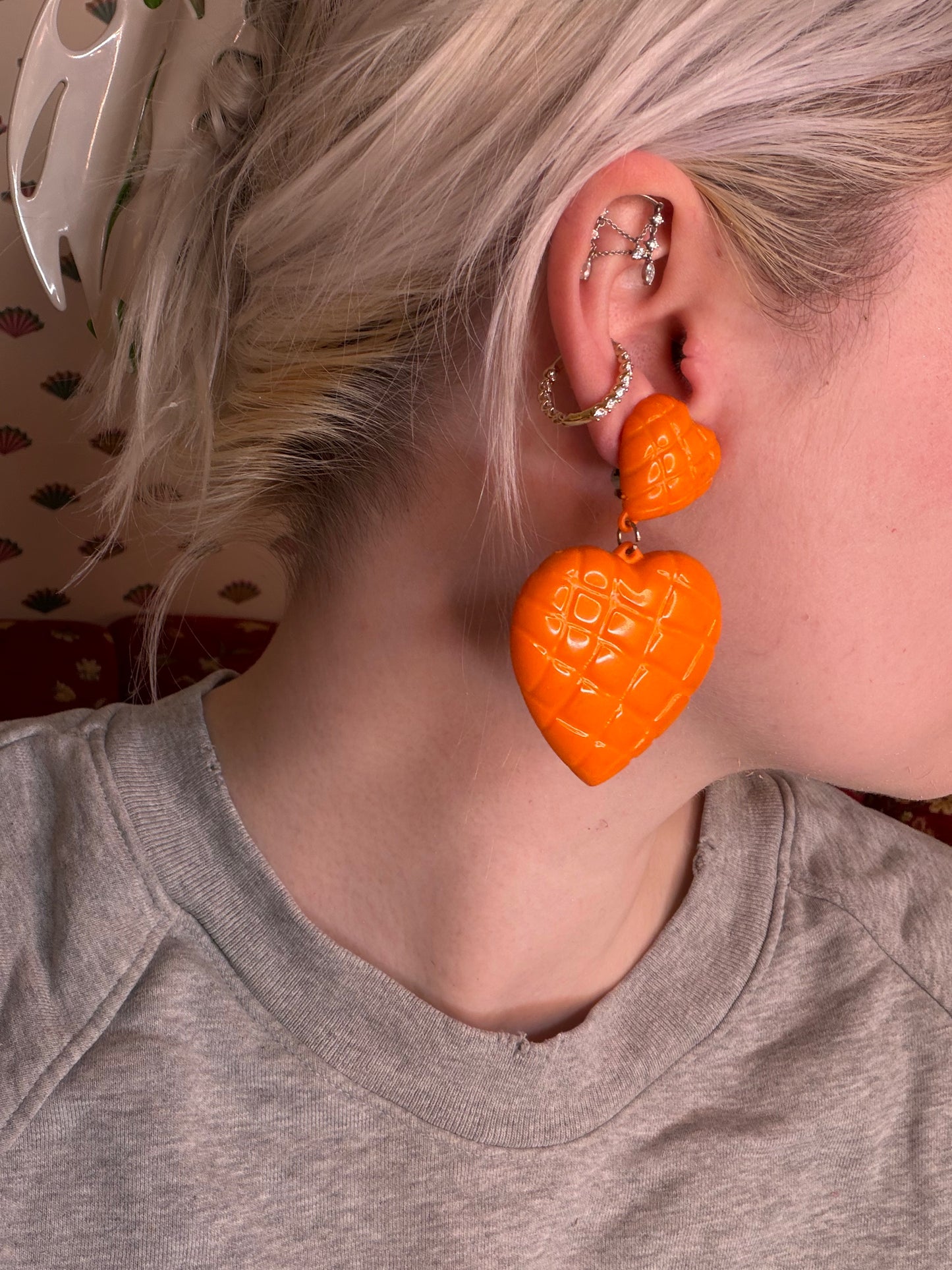 Vintage Tangerine Quilted Heart Clip On Earrings