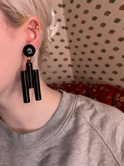 Vintage Huge Cubist Charcoal Column Clip On Earrings