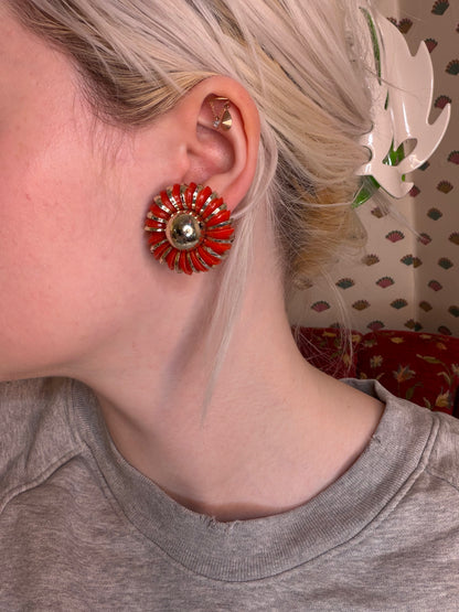Vintage Metallic Flower Button Style West Germany Clip On Earrings