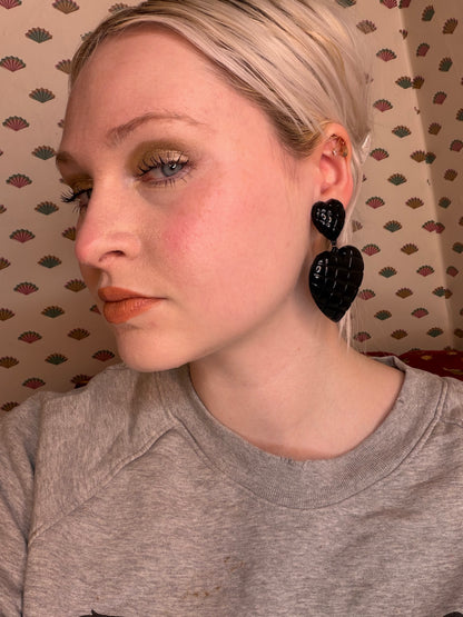 Vintage Raven Black Quilted Heart Clip On Earrings