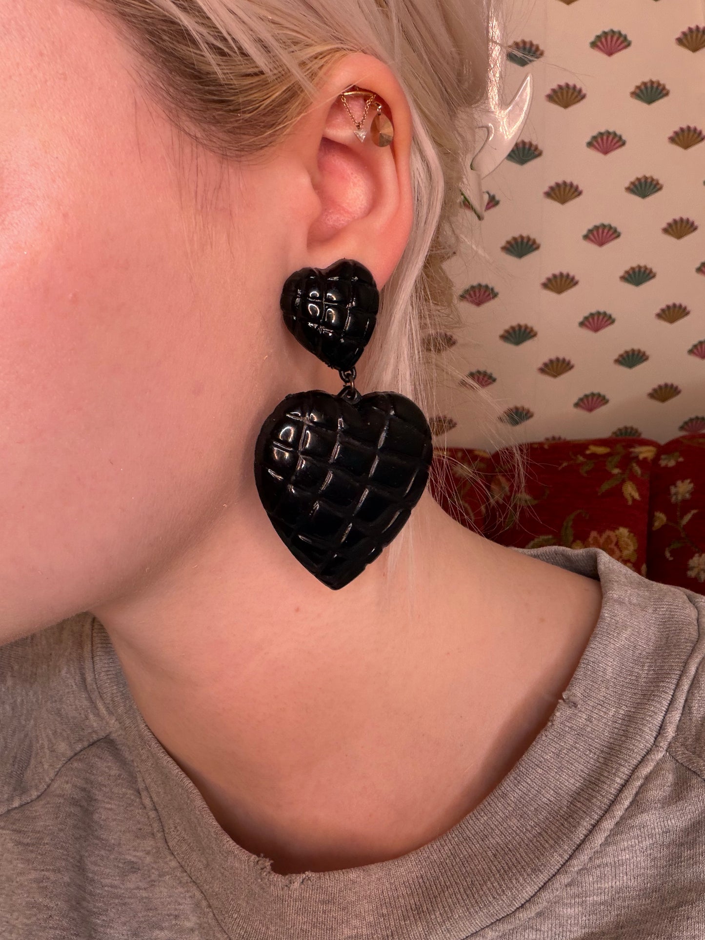 Vintage Raven Black Quilted Heart Clip On Earrings