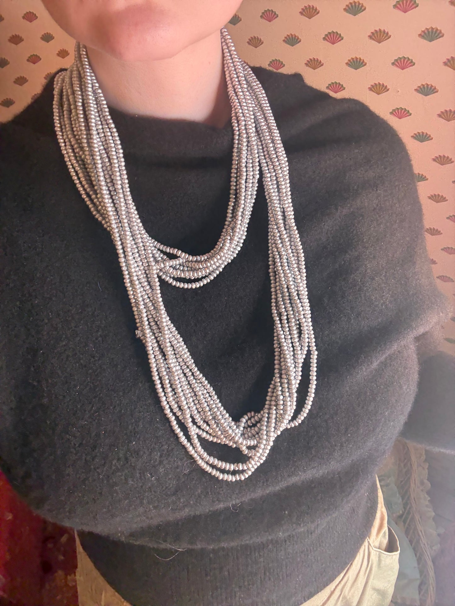 Iris Apfel's Vintage Light Silver Jianhui London Extra Long Wood Beaded Necklace