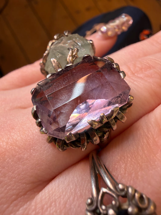 Vintage Chunky Brutalist Sterling Silver Rose de France Amethyst Ring