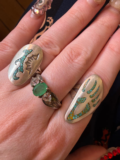 Vintage Sterling Silver Turquoise Navajo Diné Inlay Bear Claw Ring