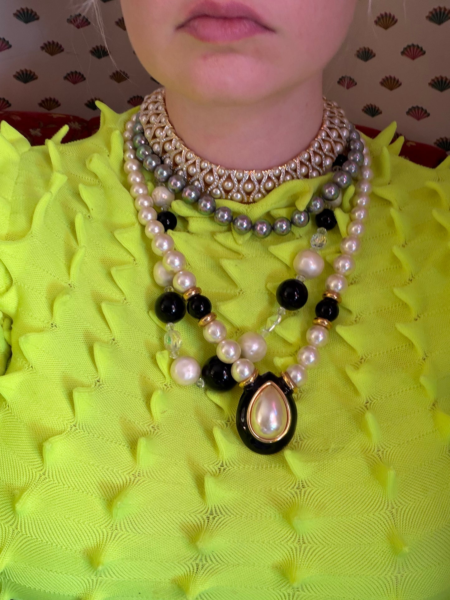 Vintage Napier Black Enamel Pearl Statement Necklace