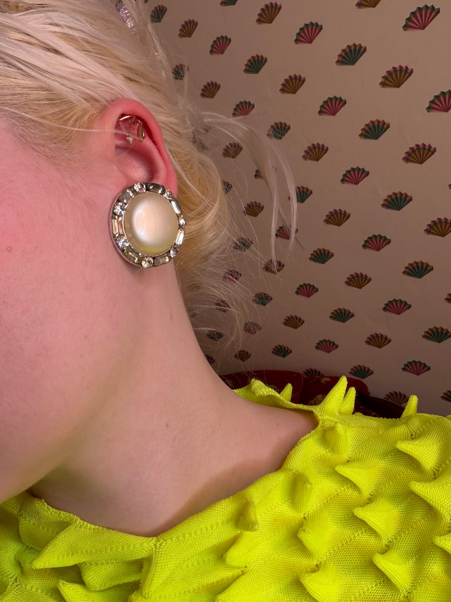 Vintage Chunky Pearl Rhinestone Oversized Clip On Earrings