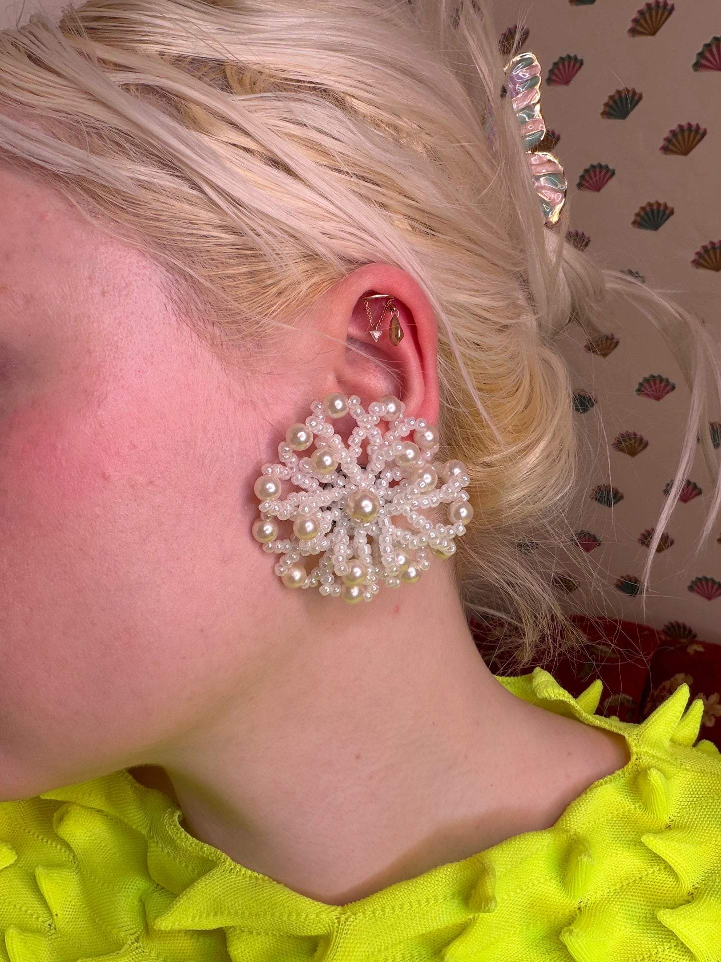 Vintage Beaded Pearl Flower Clip On Earrings