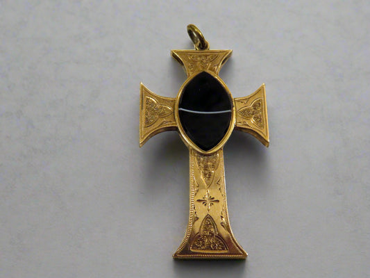 RARE Large Antique 9K Solid Gold Victorian Banded Agate Locket Cross Pendant