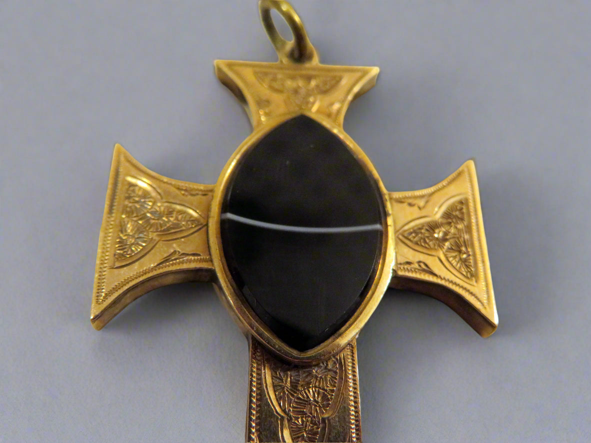 RARE Large Antique 9K Solid Gold Victorian Banded Agate Locket Cross Pendant