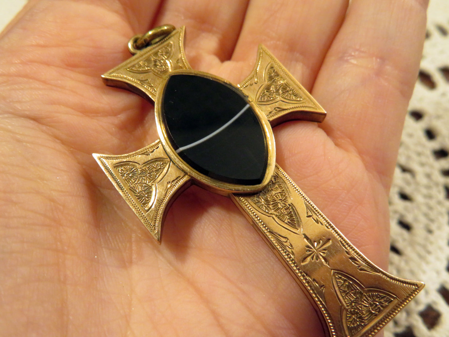 RARE Large Antique 9K Solid Gold Victorian Banded Agate Locket Cross Pendant